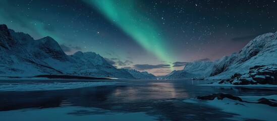 Northern lights over the snowy mountains, frozen sea, reflection in water at winter night in Lofoten, Norway. Aurora borealis and snowy rocks.