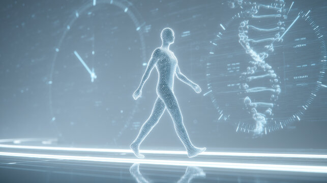 Futuristic digital representation of a walking figure with DNA and clocks in a high-tech environment.