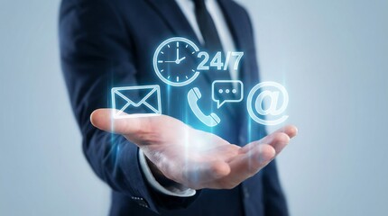 A businessman presenting glowing icons representing twenty four seven customer support including email phone chat and an at symbol in his outstretched hand