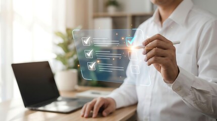 a man interacts with a glowing transparent checklist interface projected from a digital screen reviewing tasks and progress with a pen high quality