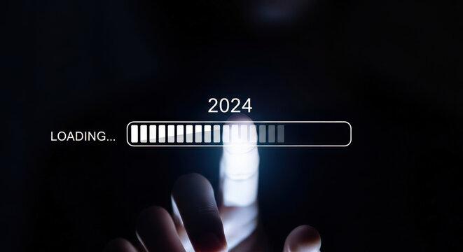2024 Loading Bar Progress Finger Touch Screen Display Technology Anticipation Waiting Countdown Year Future Process - Powered by Adobe