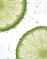 Macro lime slices in sparkling water with bubbles on white background
