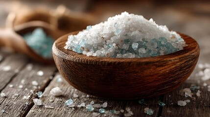 Sea Salt Pile in Wooden Bowl on Rustic Table with Colorful Crystals
