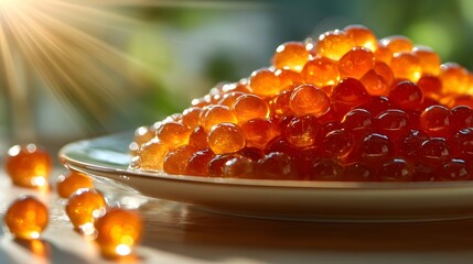 Vibrant Orange Fish Roe on a Plate with Natural Sunlight Glow