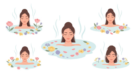 Fototapeta premium Woman relaxing in floral bath with steam