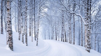 Fototapeta premium tranquil snowcovered birch trees lining a winding trail in a magical winter forest