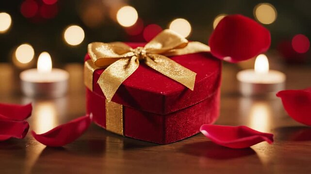 Heart-shaped velvet gift box tied with golden ribbon, rose petals falling. Soft candle lights