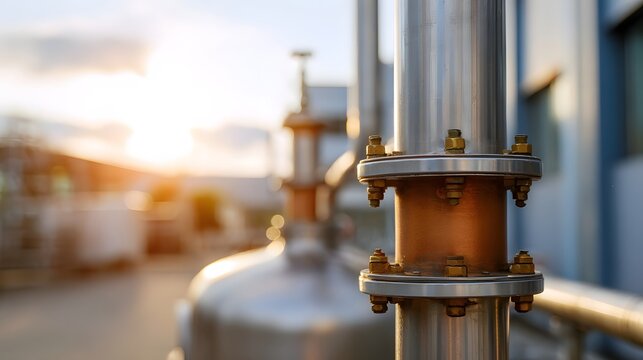 Close up of industrial metal pipe joint with flanges and bolts illuminated by warm afternoon sunlight