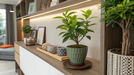 plant in a pot, modern living room with plant, modern living room, Small green plant on shelf, fresh interior decor