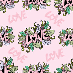 Seamless pattern with hand-drawn love lettering and floral elements. Valentines day background.