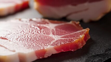 A detailed closeup shot of a single uncooked slice of streaky bacon highlighting the intricate marbling of rich red meat and creamy white fat an essential ingredient for various delicious culinary di.