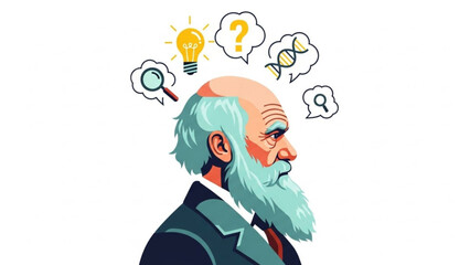 Naklejka premium Thoughtful Bearded Man with Ideas and Questions in Thought Bubbles