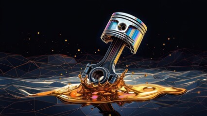 Piston submerged in a splash of golden liquid, on a dark, abstract background