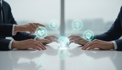 Collaborative business team analyzing digital data with holographic technology on a table.