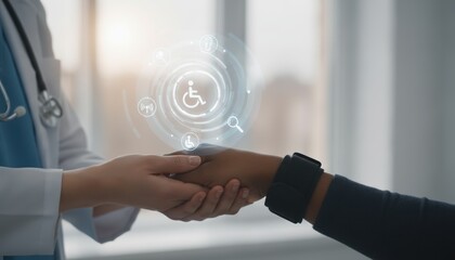 A healthcare professional connects with a patient, symbolizing support and accessibility through digital icons representing disability assistance.
