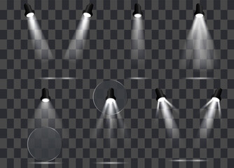 realistic vector spotlight set with transparent light beams and stage lamps collection
