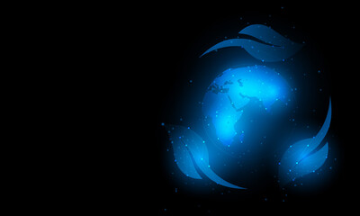 Futuristic Glowing Blue Recycling Symbol with Digital Leaves and Earth Globe