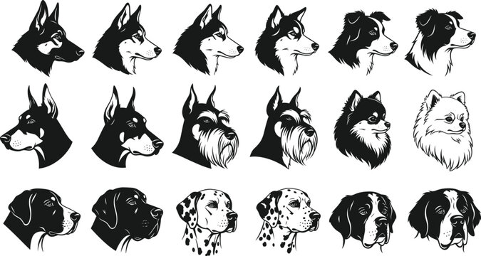 Black and white dog head silhouette vector set with different breeds realistic animal profile illustrations isolated