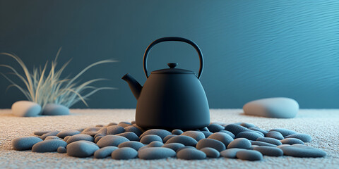 Kettle Mockup on Stylized Pebble Base with Ambient Wave Lighting