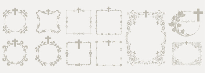 Easter celebration badge set with cross. Cross icons set. Obituary notice - art deco frames with cross. Collection of Christian Symbol design elements isolated on  background. Monochrome vector 