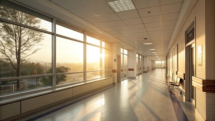Sunlight streaming through windows in a quiet hospital hallway