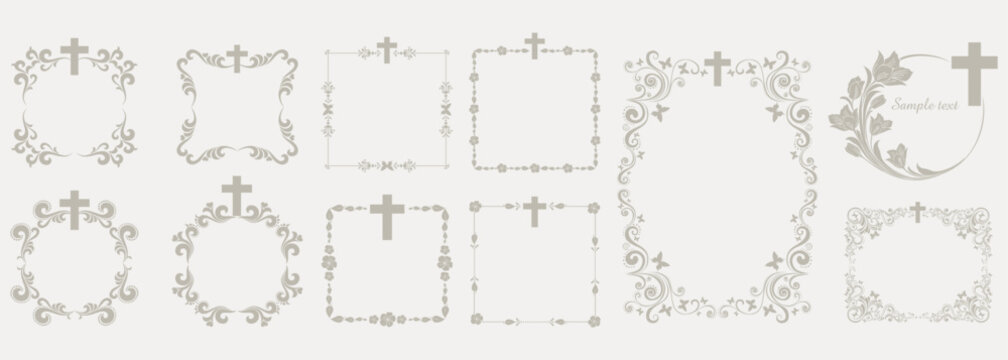 Easter celebration badge set with cross. Cross icons set. Obituary notice - art deco frames with cross. Collection of Christian Symbol design elements isolated on  background. Monochrome vector 