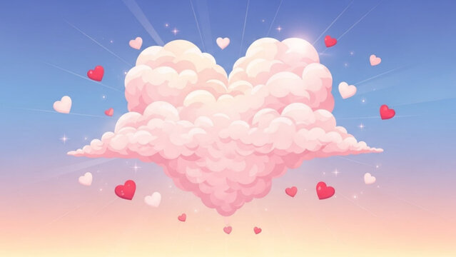 Pink Heart Cloud with Hearts Floating in Sky during Sunset