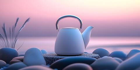 Kettle Mockup on Stylized Pebble Base with Ambient Wave Lighting