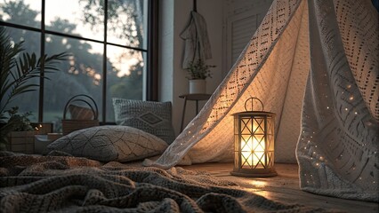 Warm glow through texture, bedroom in the morning, old lamp in the window, old lamp in the room