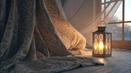 Warm glow through texture, bedroom in the morning, old lamp in the window, old lamp in the room