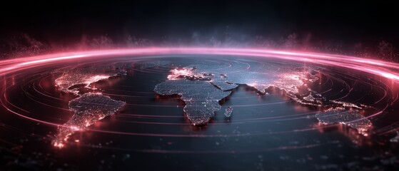 Futuristic digital world map with glowing global network