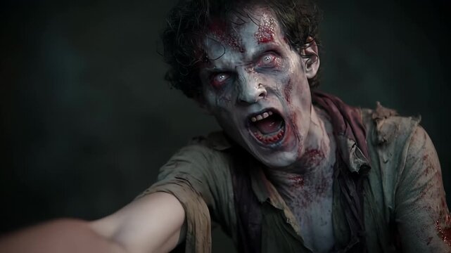 Zombie from The Walking Dead Season 8, featuring a decayed face and tattered clothing, set in a post-apocalyptic landscape.