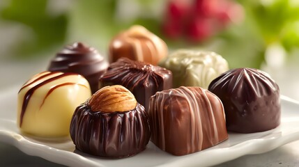Assorted Gourmet Chocolates on a Decorative Plate with Flowers