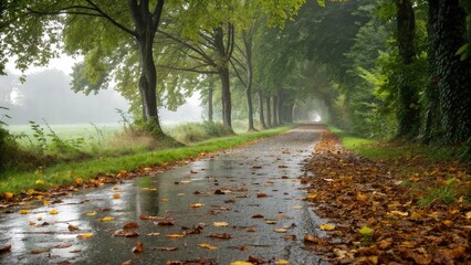 road in the forest, morning in the forest, path with leaves, fresh natural environment