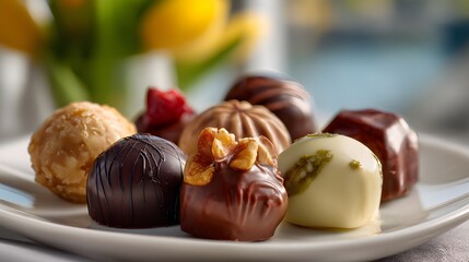 Assorted Chocolate Treats on White Plate with Colorful Background