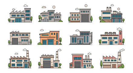 Obraz premium Collection of various modern and traditional industrial factory buildings with smoke stacks and loading bays shown as flat icons.