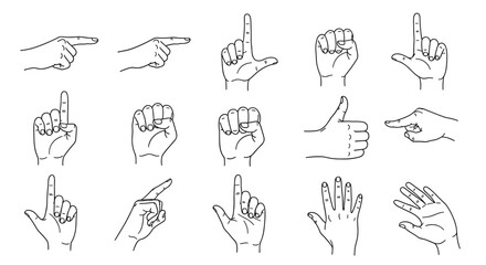Large collection of human hand gestures drawn in black outlines showing pointing, counting, fist, thumbs up, and open palms.