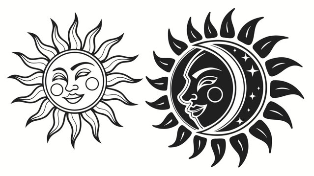 A vector graphic illustration of the sun and moon with smiling faces in a minimalist line art style