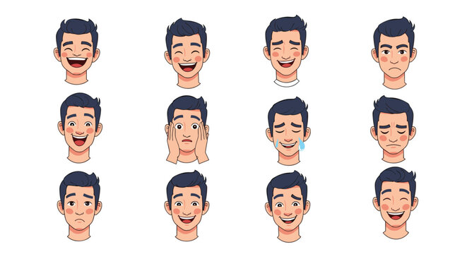 Grid of twelve male character headshots displaying various facial expressions including happiness, sadness, anger, surprise, and laughter.