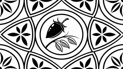 A black and white vector graphic illustration of a floral pattern with a central flower design