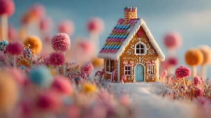 Enchanting Gingerbread House Surrounded by Colorful Candy Landscapes
