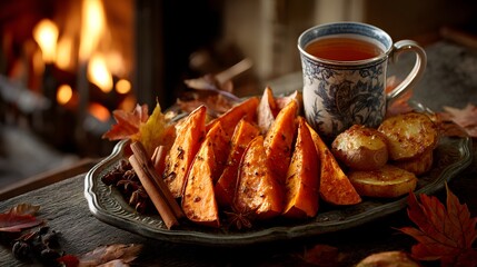 Warm Autumn Feast with Roasted Vegetables and Herbal Tea