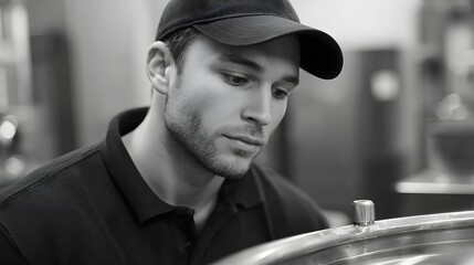Focused worker in cap inspecting industrial hinery monochrome