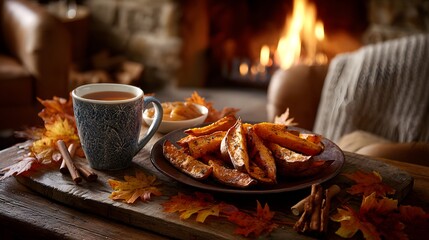 Cozy Autumn Scene with Sweet Potatoes and Hot Beverage by Fireplace