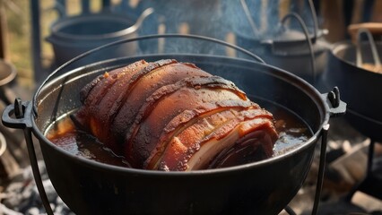 Roasted pork in a large, dark pot over an open fire