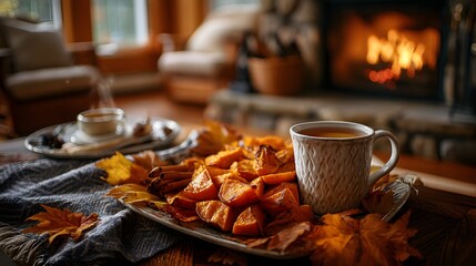 Cozy Autumn Vibes with Warm Drink and Seasonal Treats by Fireplace