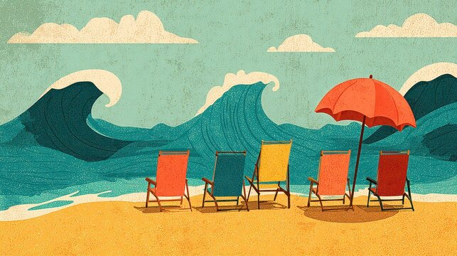 A coastal tropical banner is presented featuring chairs on sandy shore, umbrella standing tall, and gentle waves beyond. 