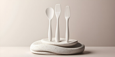 Blank Kitchen Utensil Set Mockup on Stylized Pebble Base