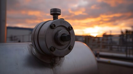 Fototapeta premium Close up of a robust metallic industrial valve mechanism on a large vessel set against a vibrant dramatic sunset sky with colorful clouds