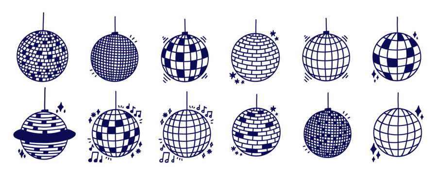 Blue Disco Ball Glitter Vector With Mirror Globe Set. Disco Ball Light for Party or Club Kit. Doodle Vector Illustration